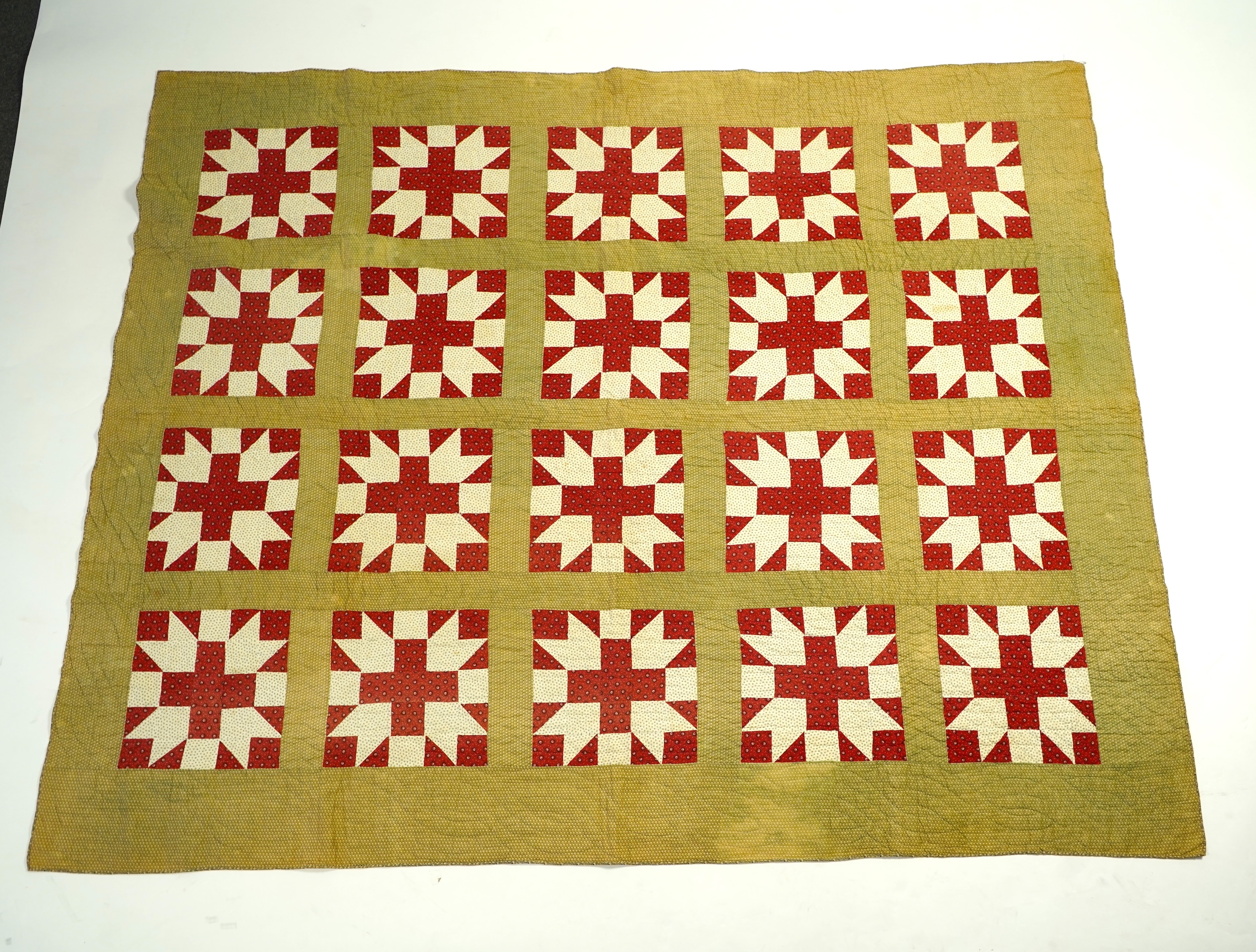 A late 19th century American, York County patchwork quilt, a similar pattern to Wild Goose Chase. Hand pieced and hand quilted, with label on reverse: York County Quilt documentation Project. G 53-2. The front worked in